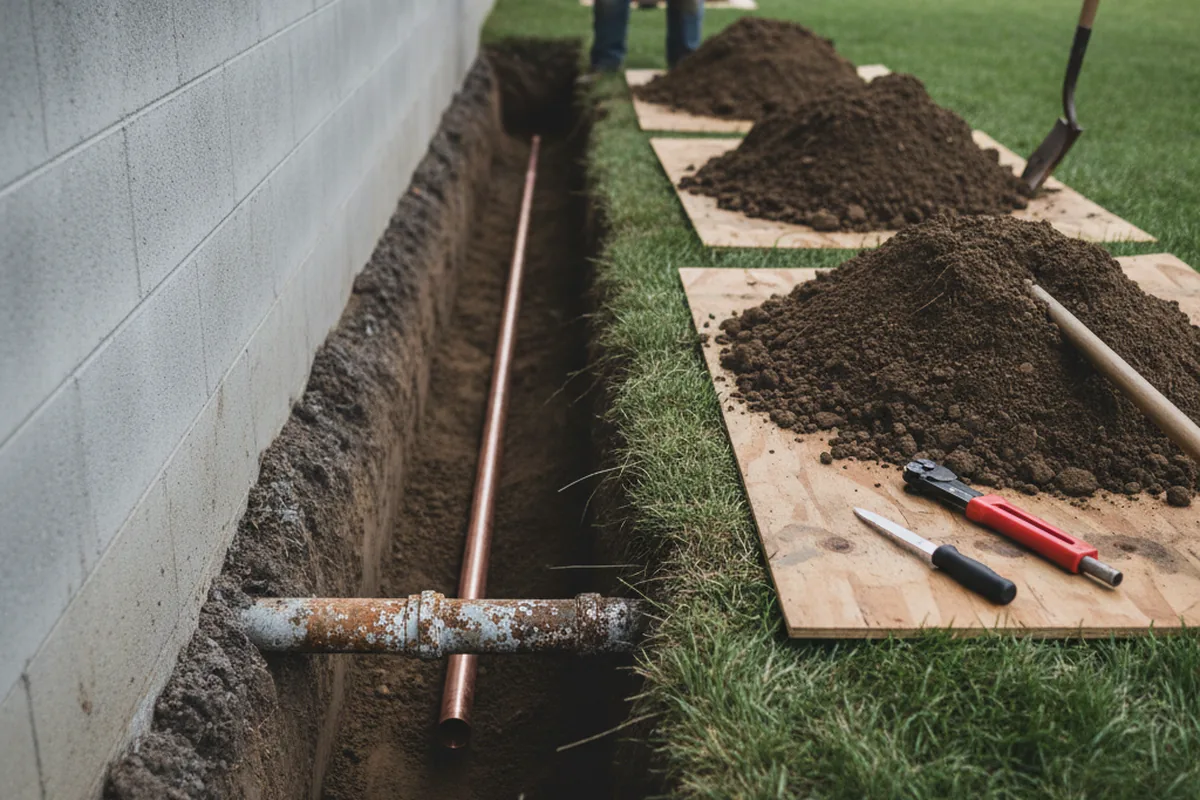 Excavated water line trench during Sewer Line Repair in Sedalia